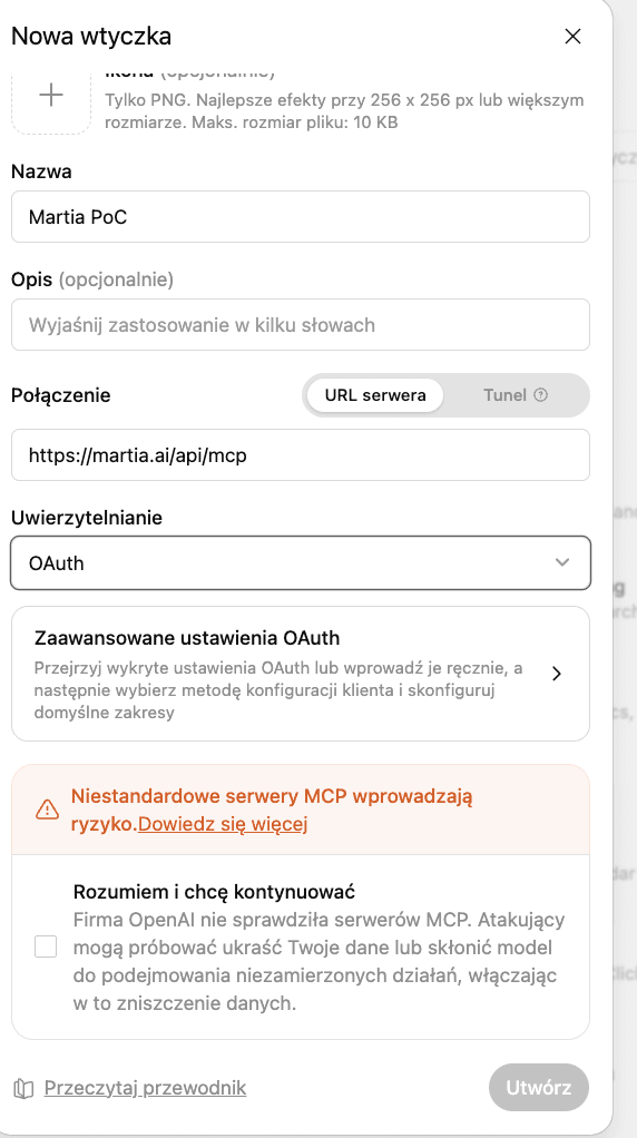 Het venster voor een nieuwe plugin in ChatGPT met het serveradres van Martia en OAuth geselecteerd