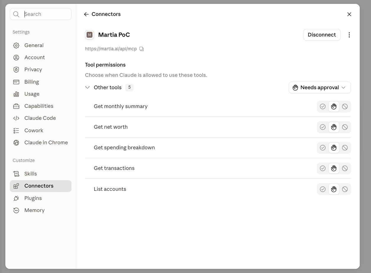 De connector-instellingen van Claude na het koppelen, met de vijf tools van Martia